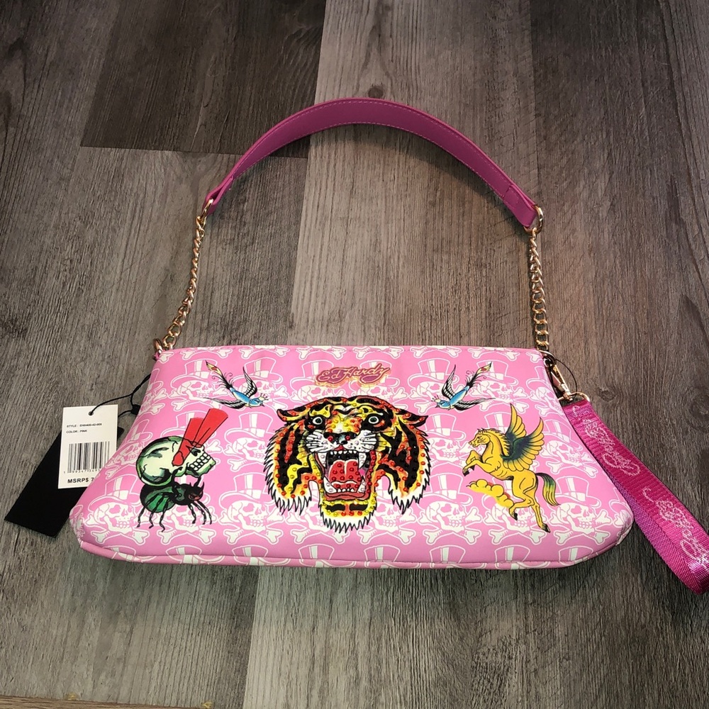 Ed Hardy Pink & White Skull Shoulder Bag Bird, Tiger & Horse Tattoos Crystal NWT